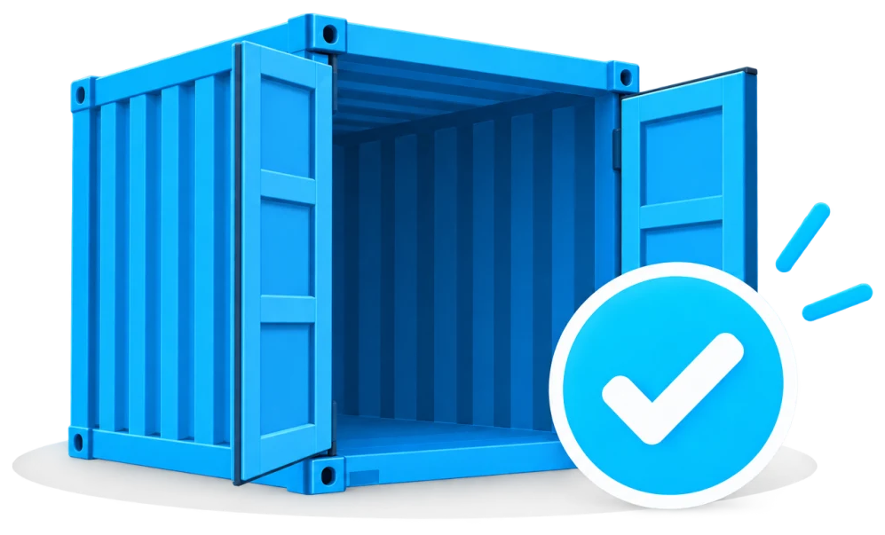 Storage container with confirmation checkmark